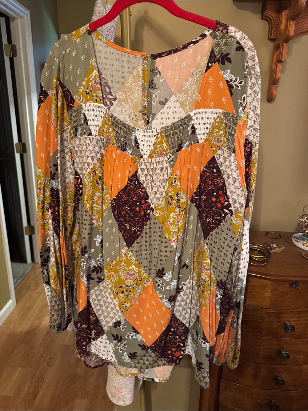 Patchwork Print Boho Long Sleeve Blouse - Orange & Olive